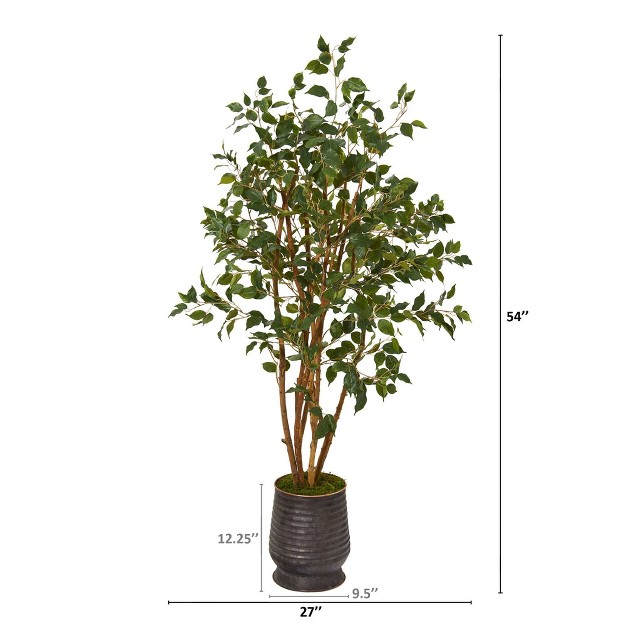 Nearly Natural 4.5-ft Ficus Artificial Tree In Ribbed Metal Planter