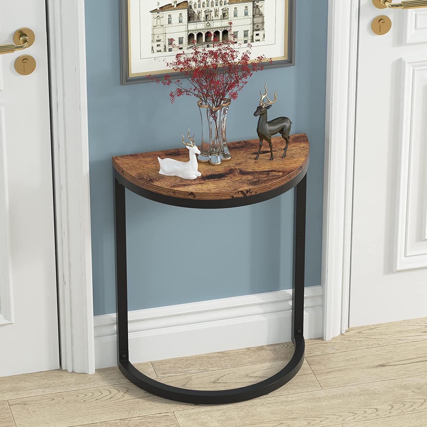 End Table Half Round， Narrow Wood Side Table with Metal Frame