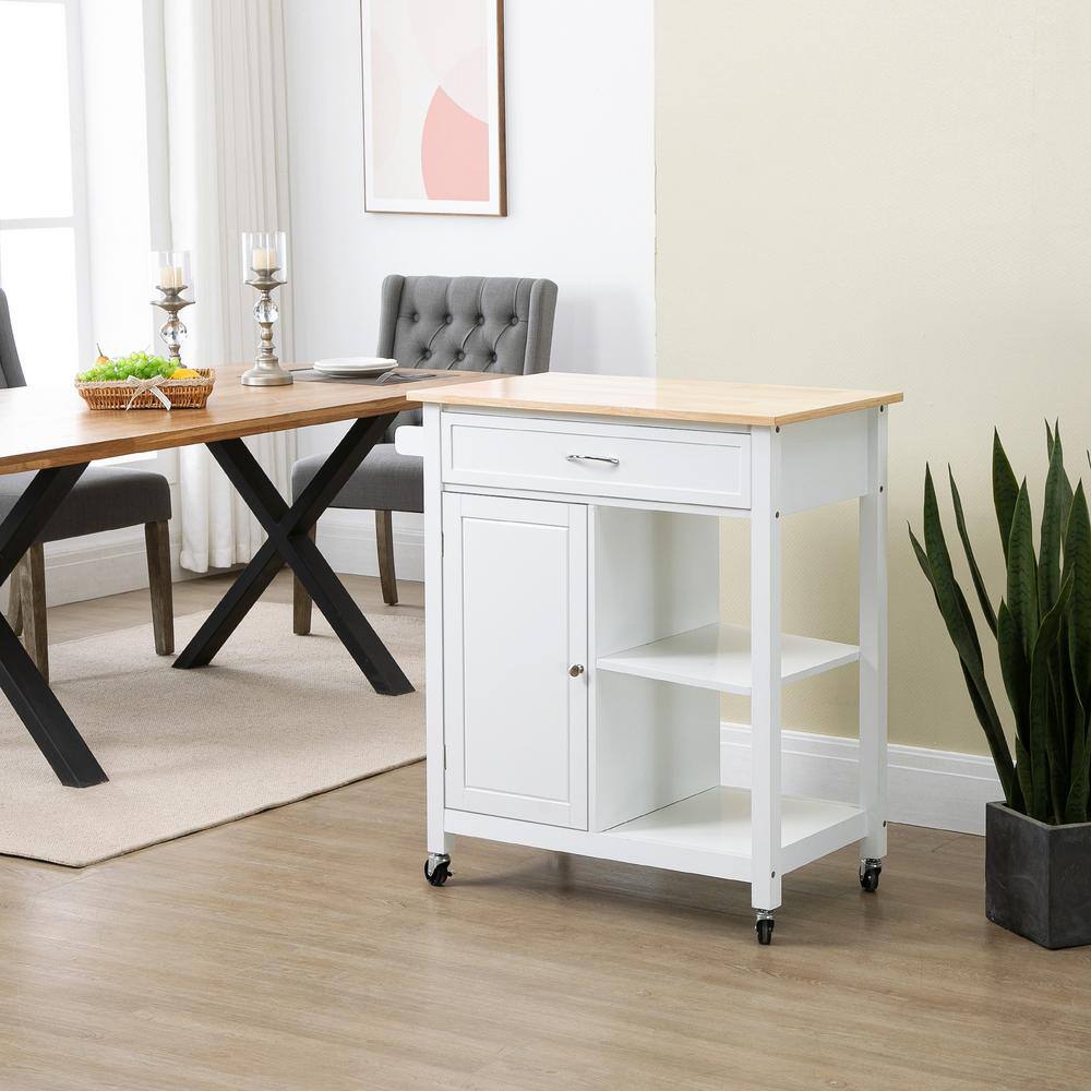 HOMCOM Rolling White Kitchen Cart with Wood Top Kitchen Island with Storage Drawer on Wheels for Dining Room 801-214V80WT