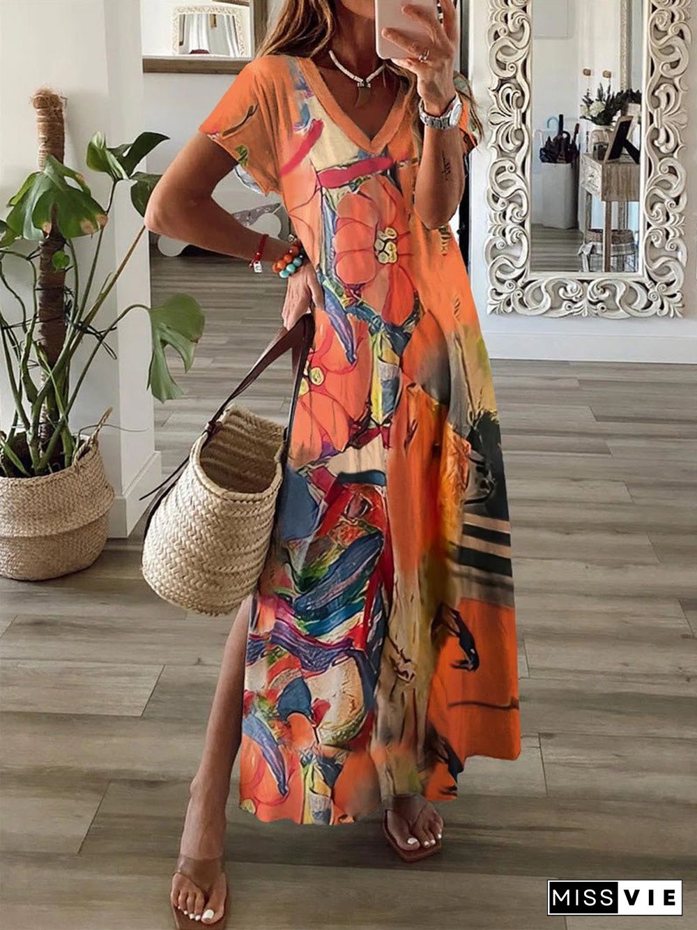 Women'S Dresses Printed Short Sleeve V-Neck Slit Dress