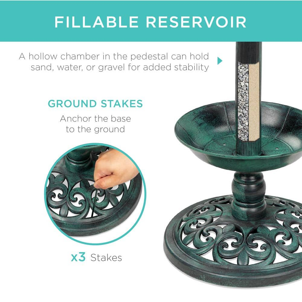 Best Choice Products Green Solar Lighted Pedestal Birdbath w/Planter， Integrated Panel SKY5809