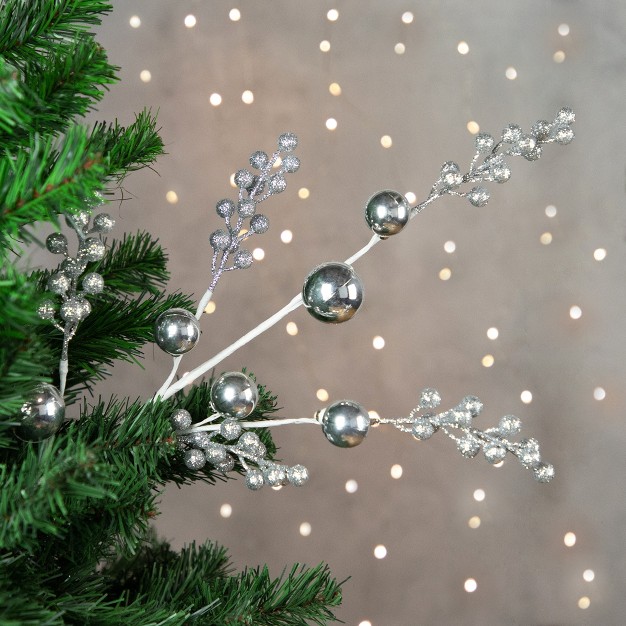 Silver Glitter Berries With Ornaments Christmas Spray