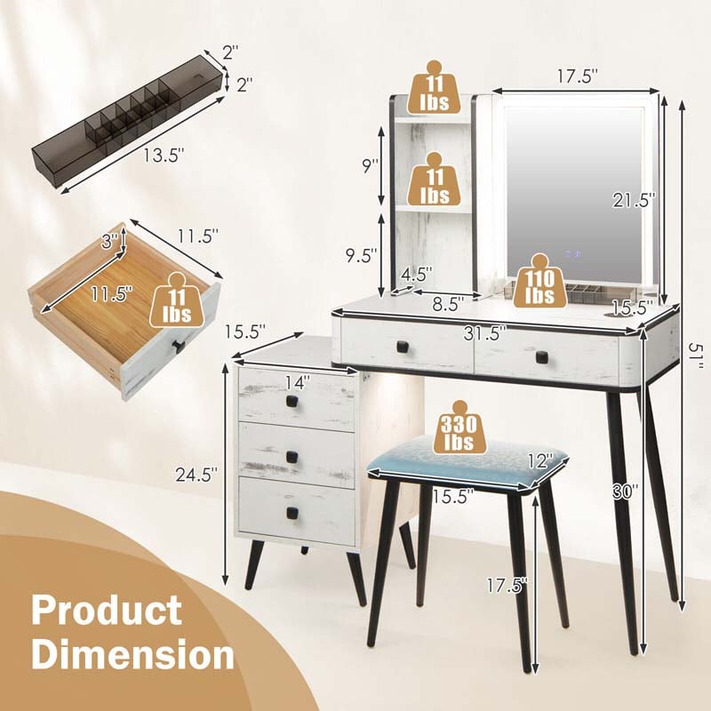 Makeup Table Vanity Set Dressing Desk with Dimmable Lighted Mirror, 3 Lighting Modes, Human Body Induction