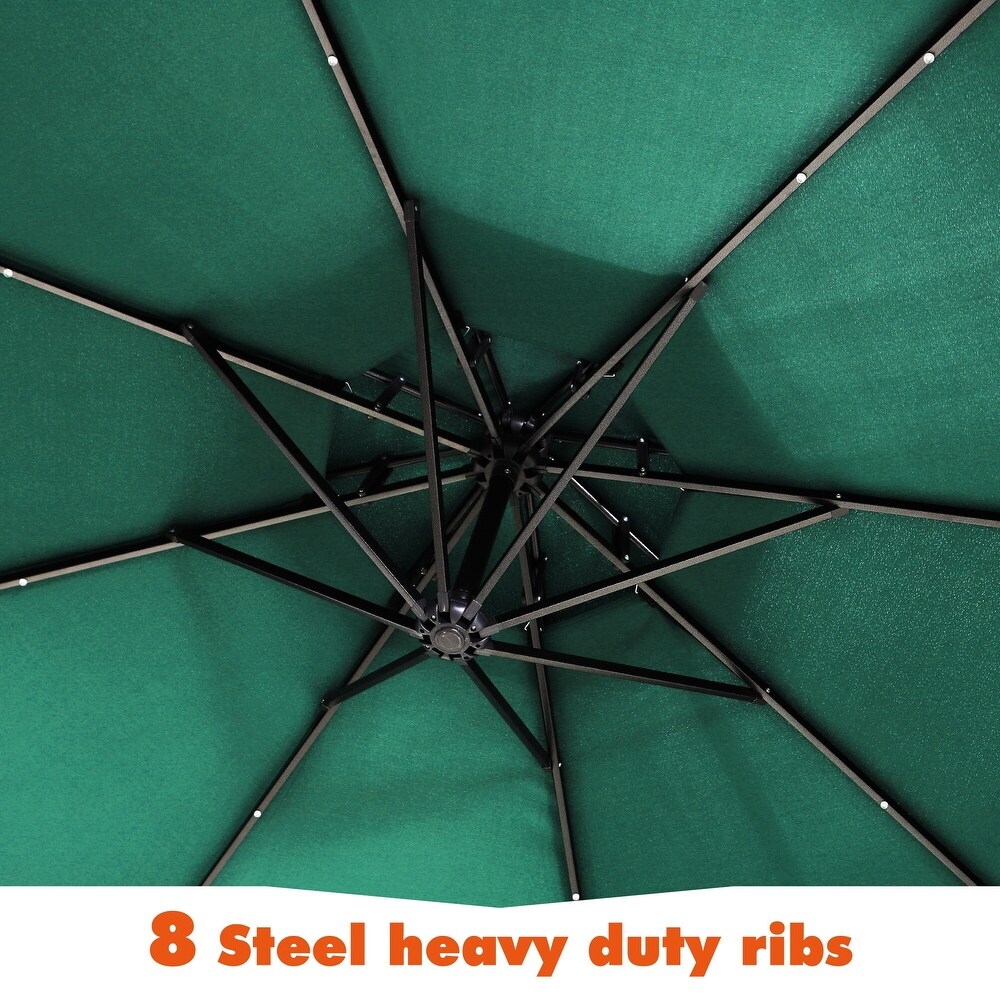 Outdoor 10Ft Double Top Crank Umbrella Patio Cantilever Umbrella with Fringe Tassel and LED Lights