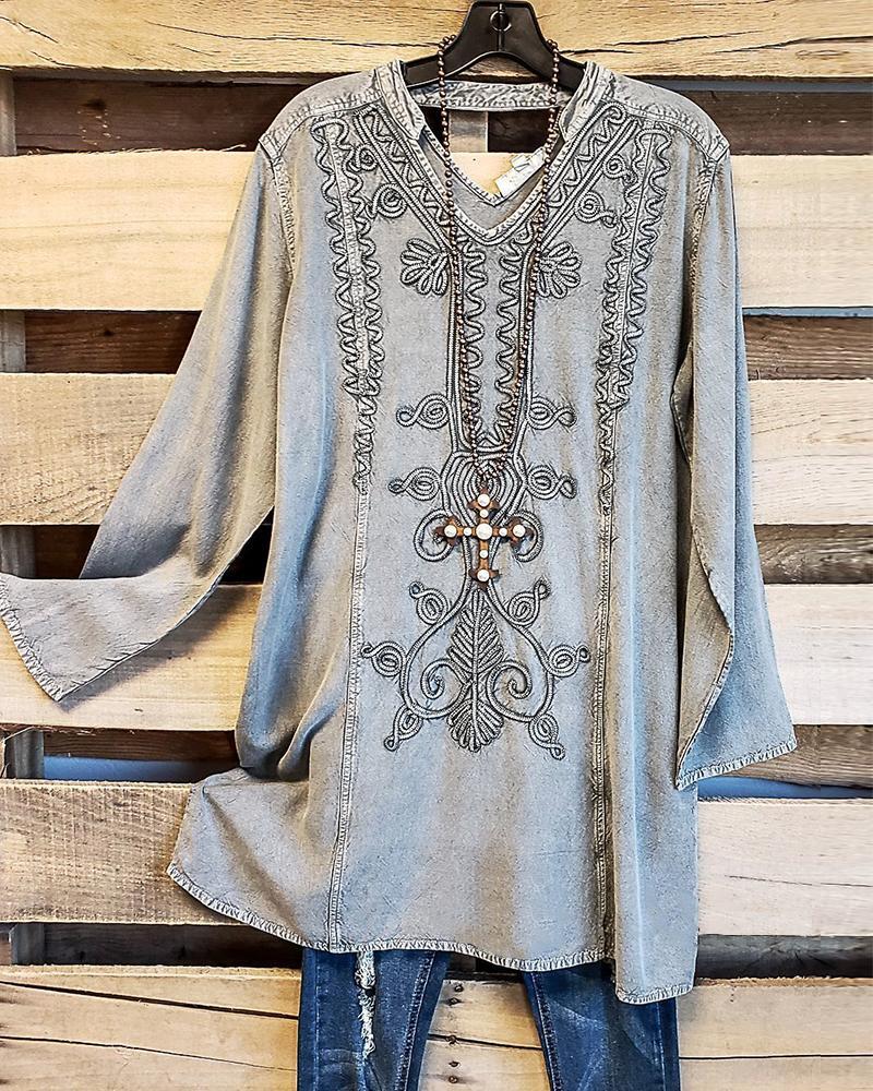 Women's Ethnic Pattern Print V-Neck Long Sleeves Casual Denim Top