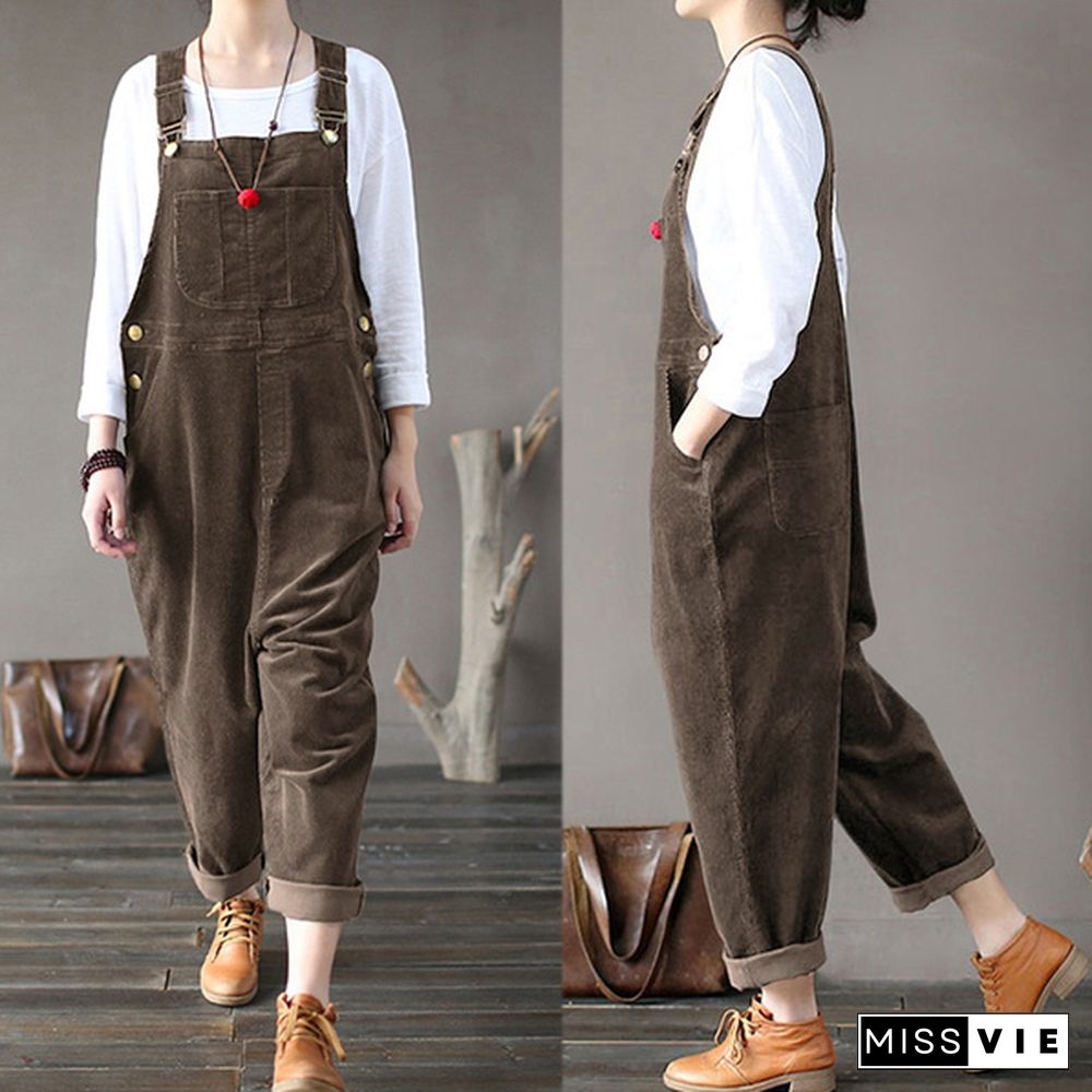 Corduroy Jumpsuits Women Strappy Casual Loose Dungaree Bib Cargo Pants Overalls