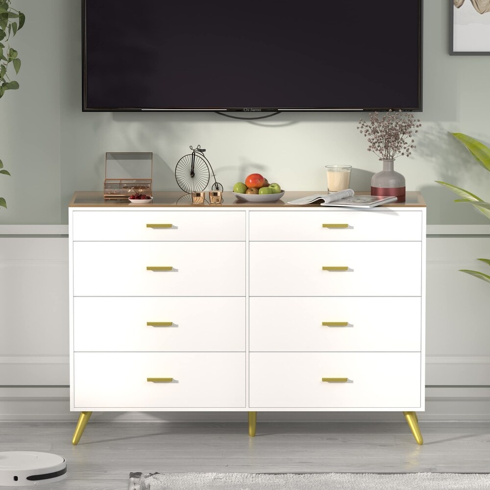 Dresser for Bedroom Modern 8 Drawer Dressers with Tempered Glass Top  Chests of Drawers with 2 Grid Drawer  Storage Organizer