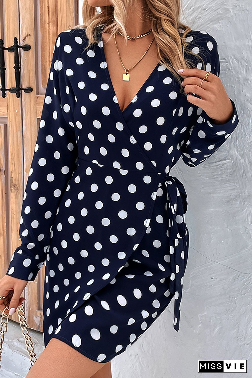 Navy Spot Print Wrap V Neck Side Sash Long Sleeves Dress