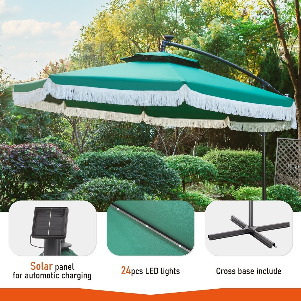 Outdoor 10Ft Double Top Crank Umbrella Patio Cantilever Umbrella with Fringe Tassel and LED Lights