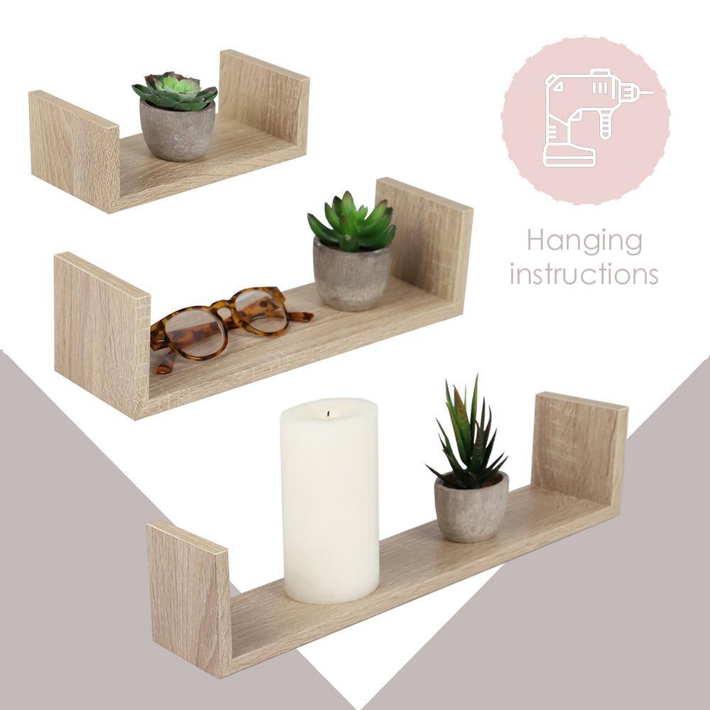 Home Basics 16.62in x 3.75in x 4in Oak Floating U Shape Shelves (Set of 3) HDC94949