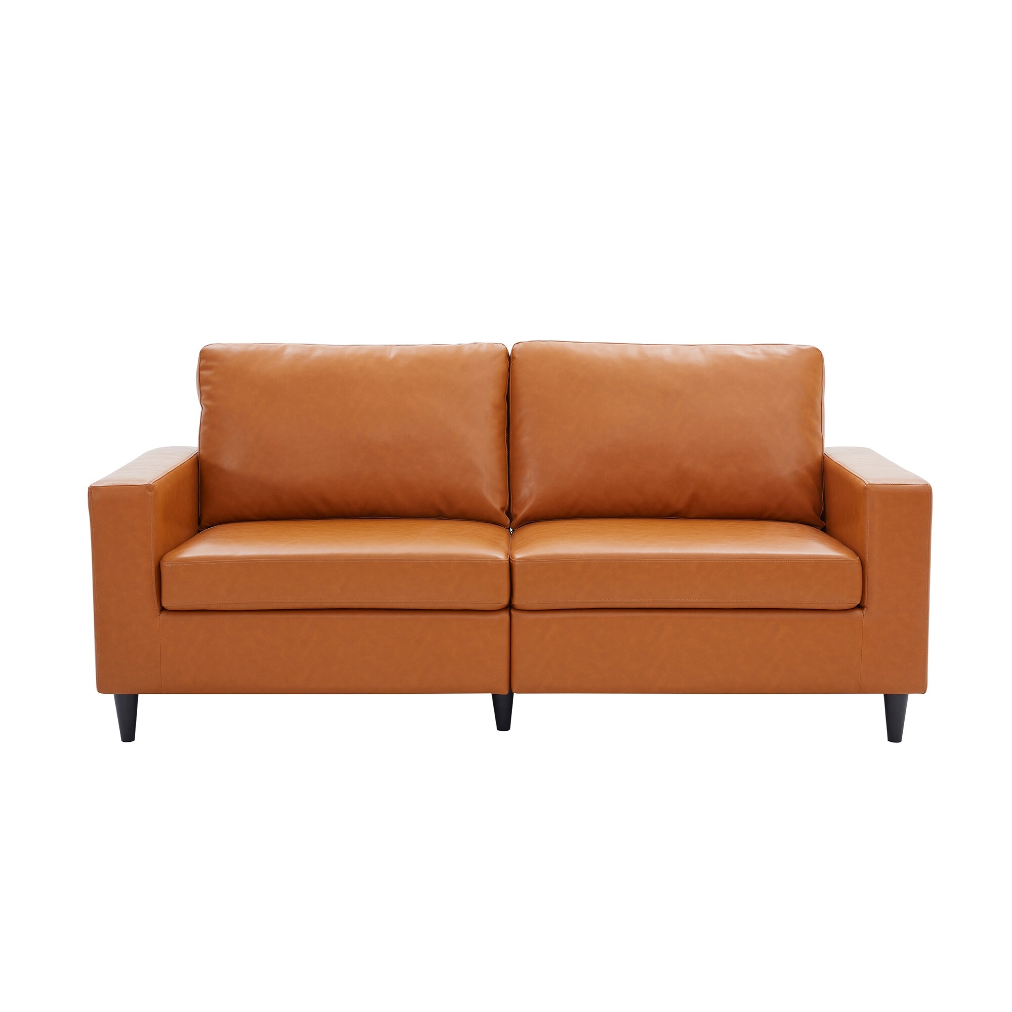 3 Seat Sofa PU Leather Upholstered Couch Modern Removable Cushions Sofa with Square Arms Sofa and Wood Legs for Living Room