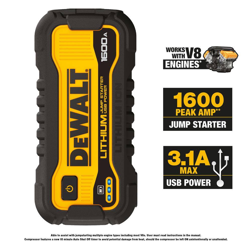 DW 1600 Peak Amp Lithium Jump Starter with USB Power Bank DXAELJ16