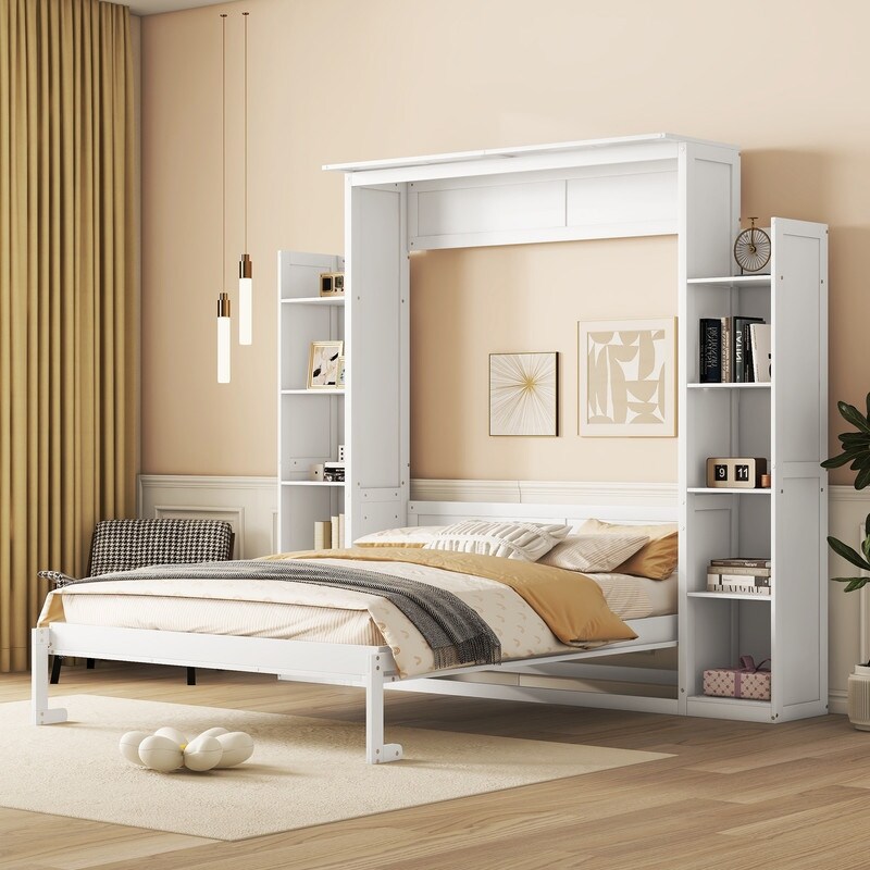 Queen Size Luxury Murphy Bed  Foldable Wall Cabinet Bed with Storage or Display Shelves and LED Lights