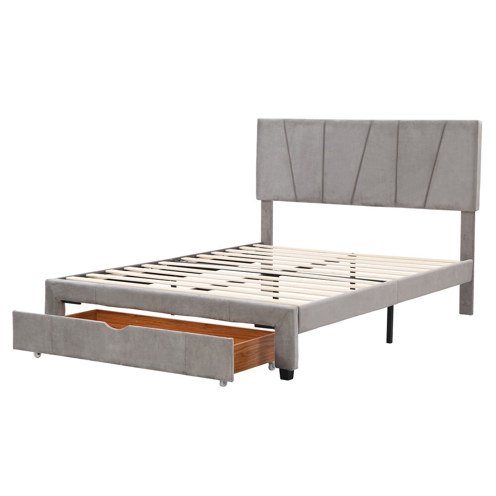 Modern Queen Size Upholstery Platform Bed with One Drawer