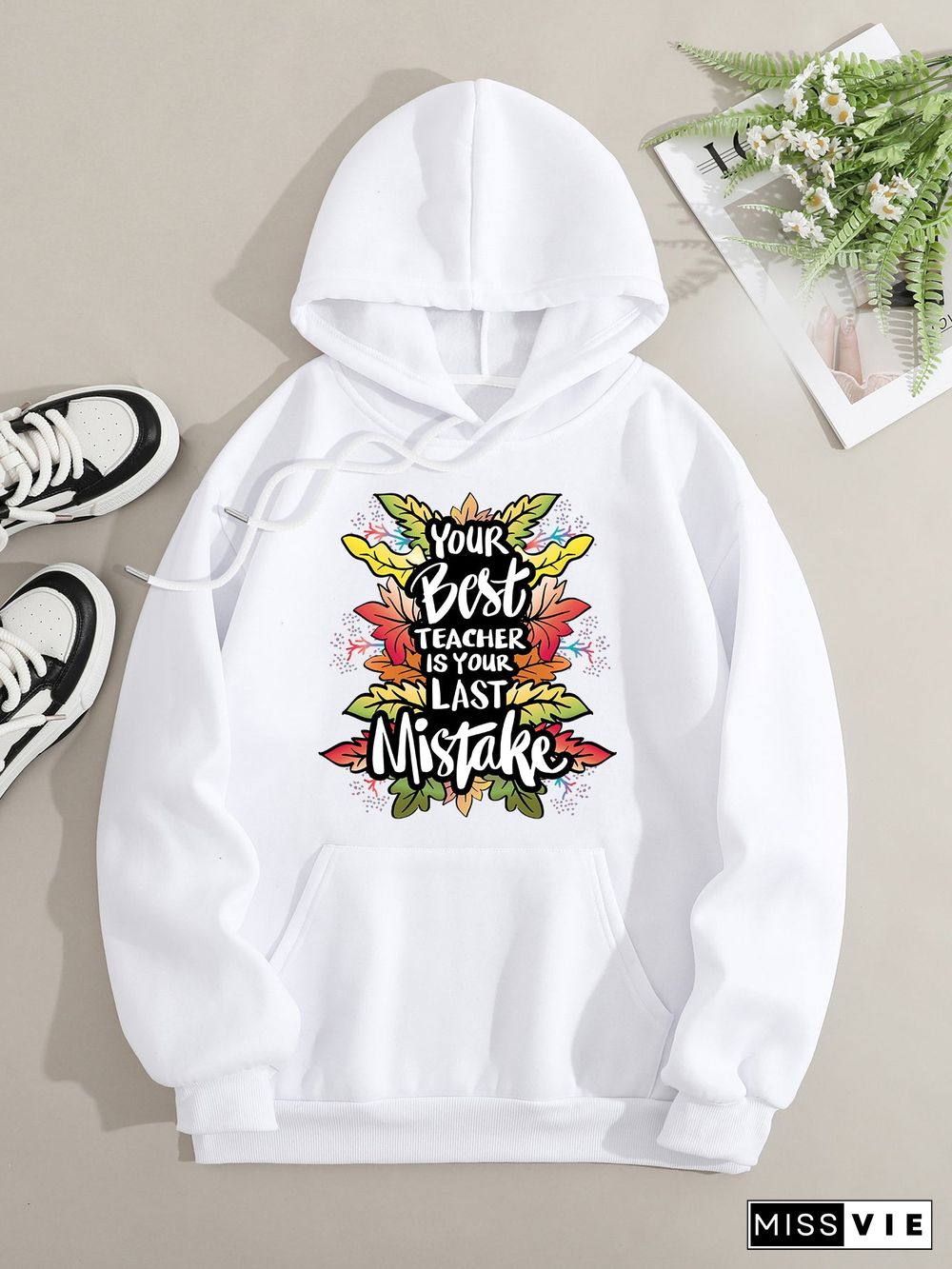 Printed on front Kangaroo Pocket Hoodie Long Sleeve for Women Pattern your best teacher is your last mistake