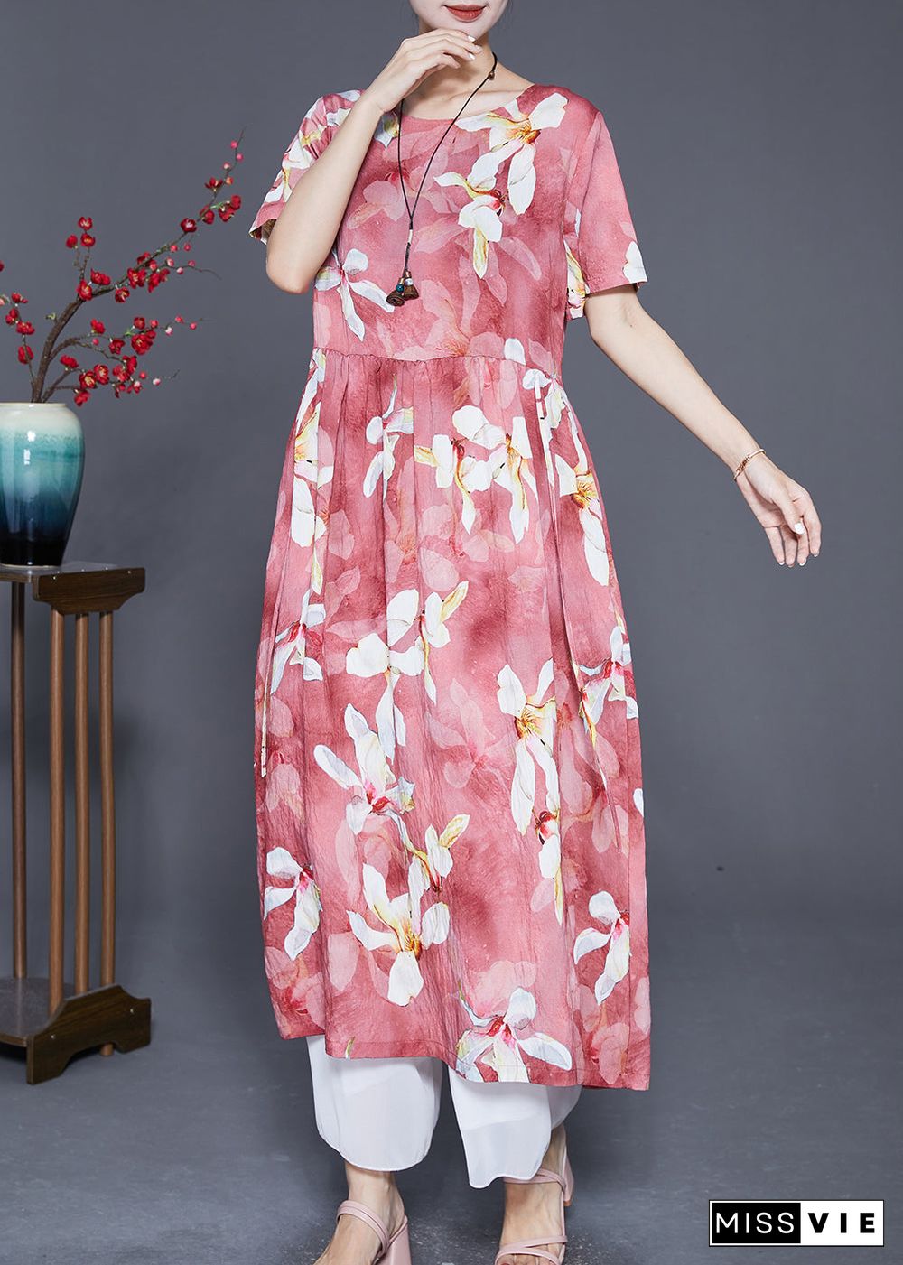 Elegant Red Oversized Print Linen Holiday Dress Summer