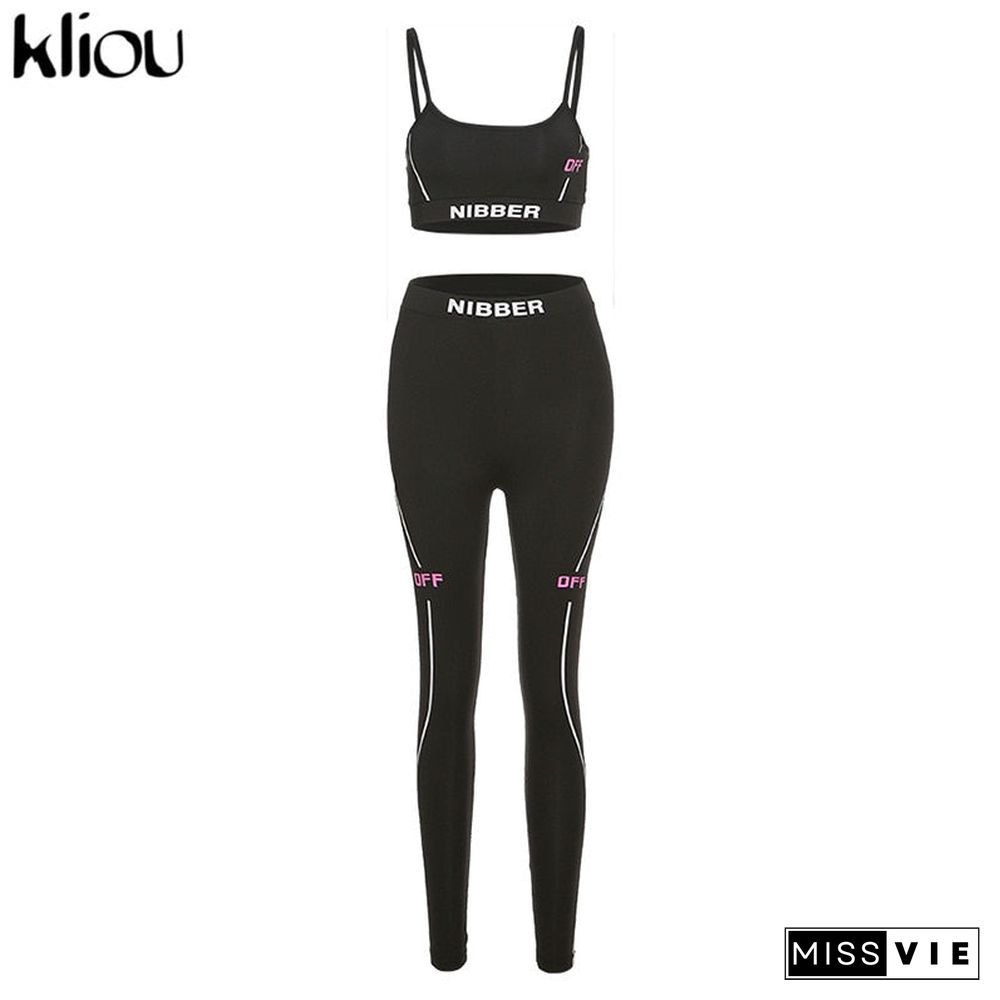 Kliou letter print tracksuit women fitness casual two piece set sporty sleeveless tank top+striped leggings fashion active wear