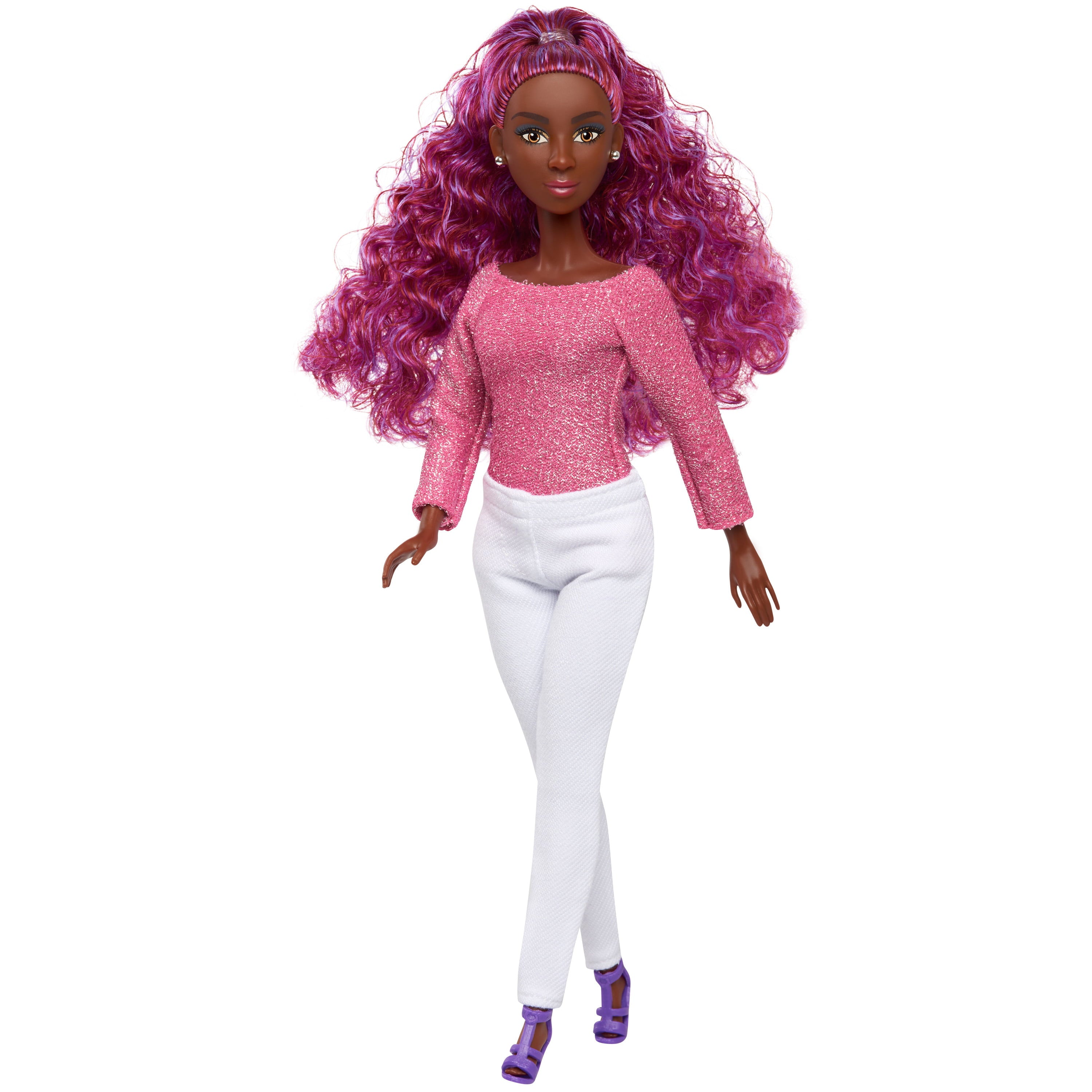 Fresh Dolls Lynette Fashion Doll, 11.5-inches tall, pink top and white jeans, pink and purple hair,  Kids Toys for Ages 3 Up, Gifts and Presents