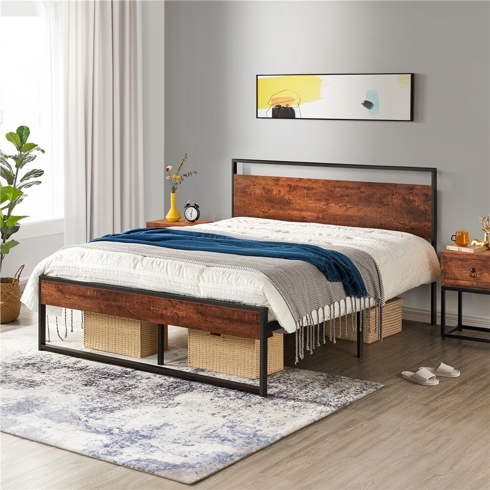 Yaheetech Rustic Metal Platform Bed Frame Sturdy Slatted Bed Base