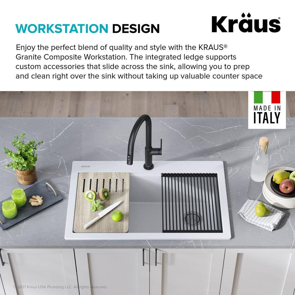 KRAUS Bellucci Workstation 33 in. Drop-In Granite Composite Single Bowl Kitchen Sink in White with Accessories KGTW1-33WH