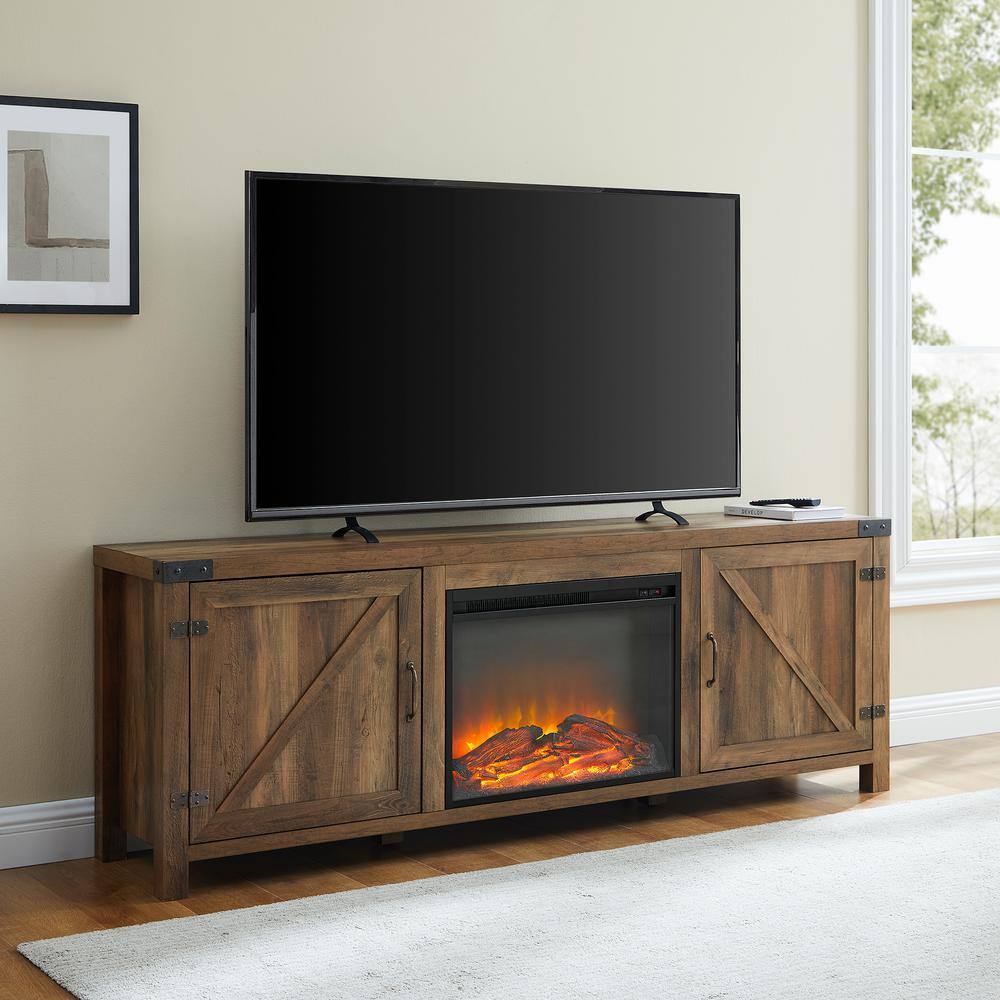 Welwick Designs 70 in. Reclaimed Barnwood Farmhouse Double Barn Door Fireplace TV Stand Fits TVs up to 80 in. HD9176