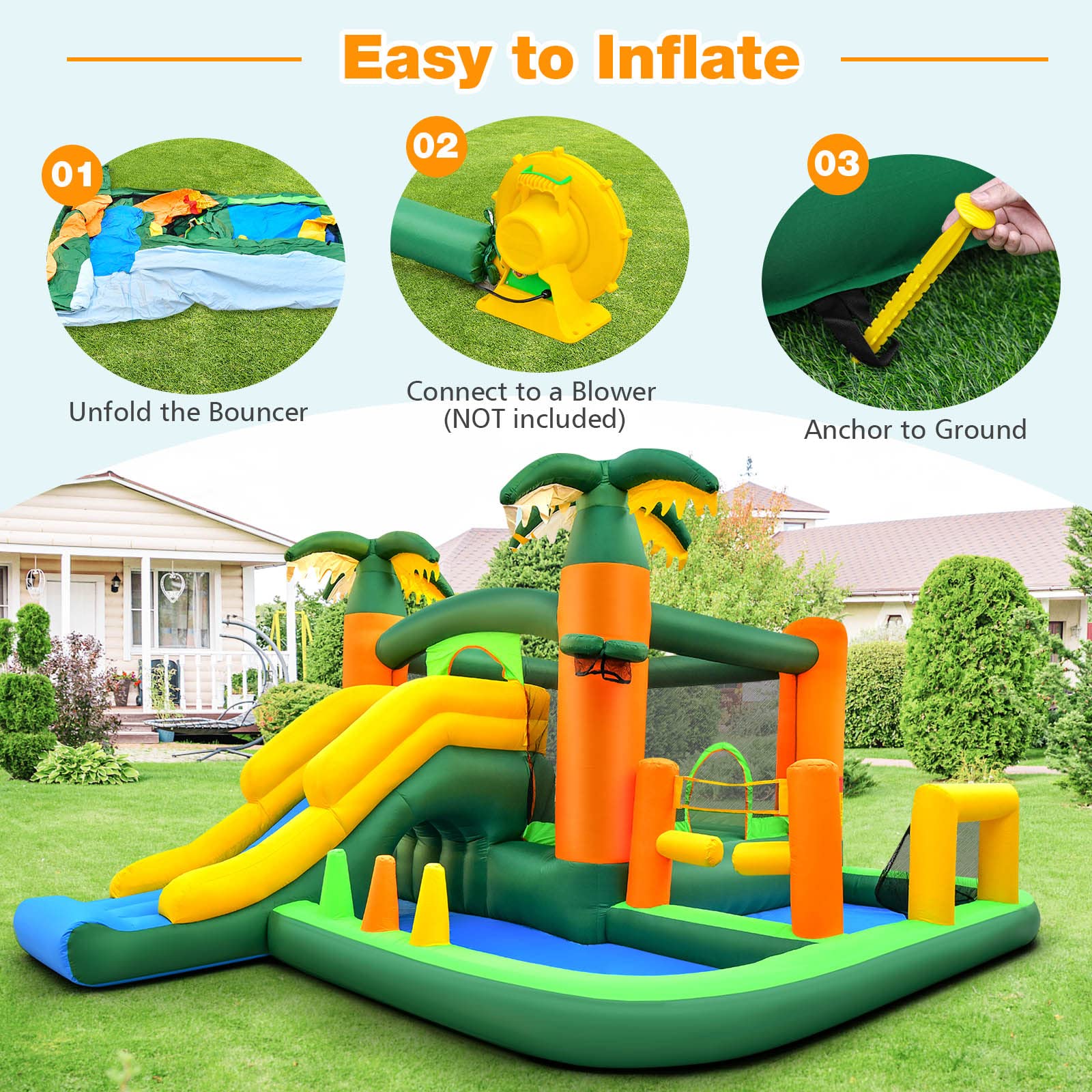 BOUNTECH Inflatable Bounce House, Big Bouncy House for Toddler Kids 5-12 Indoor Outdoor Party Fun w/Slide, Football/Volleyball