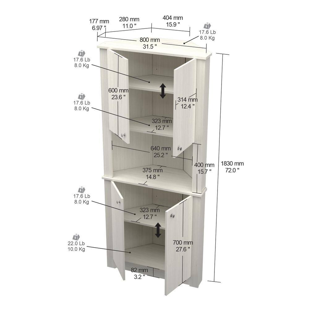 Inval 72.05 in. Washed Oak Wood 3-shelf Corner Bookcase GM-1640