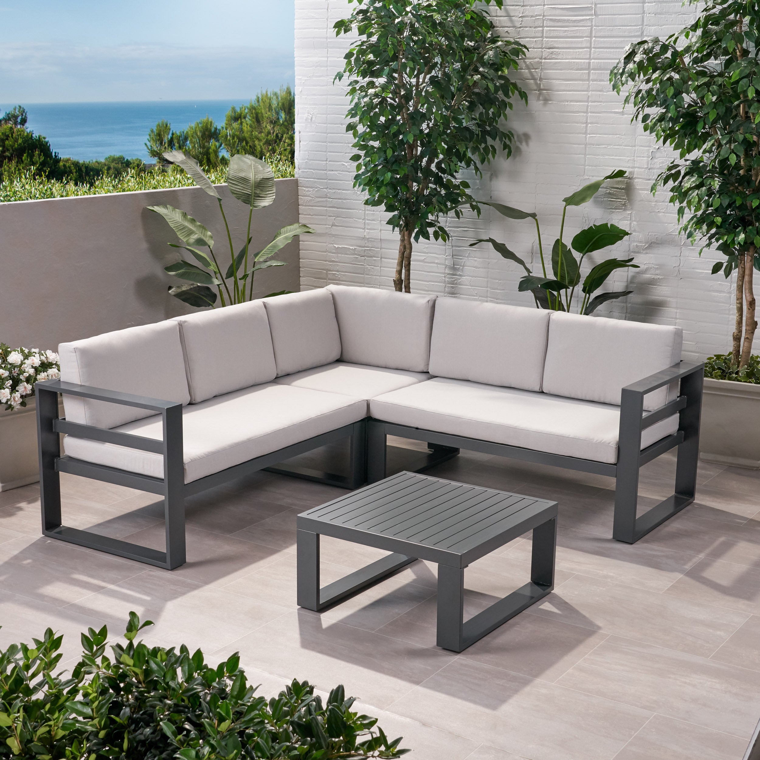 Queena Outdoor Aluminum Sofa Sectional with Coffee Table