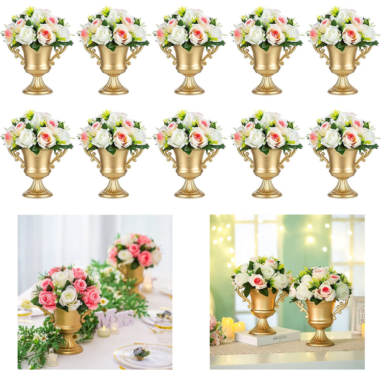 OUKANING 10Pcs Metal Vases Wedding Centerpieces Retro Trumpet Centerpieces Home Party Christmas Decor Gold