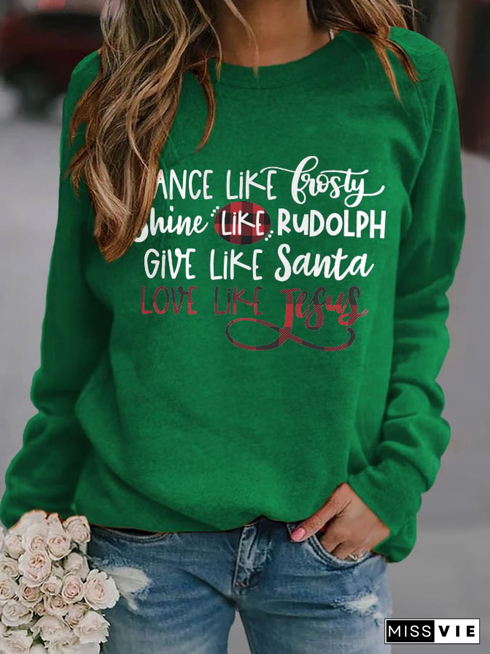 Women's Casual Dance Like Frosty Shine Like Rudolph Give Like Santa Love Like Jesus Print Long Sleeve Sweatshirt