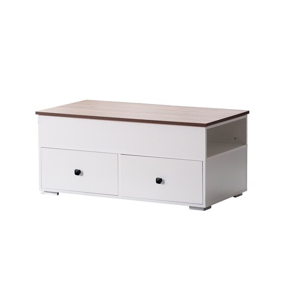 Luna White Coffee Table with Brown Walnut Finish Lift Top， 2 Drawers， and 2 Shelves