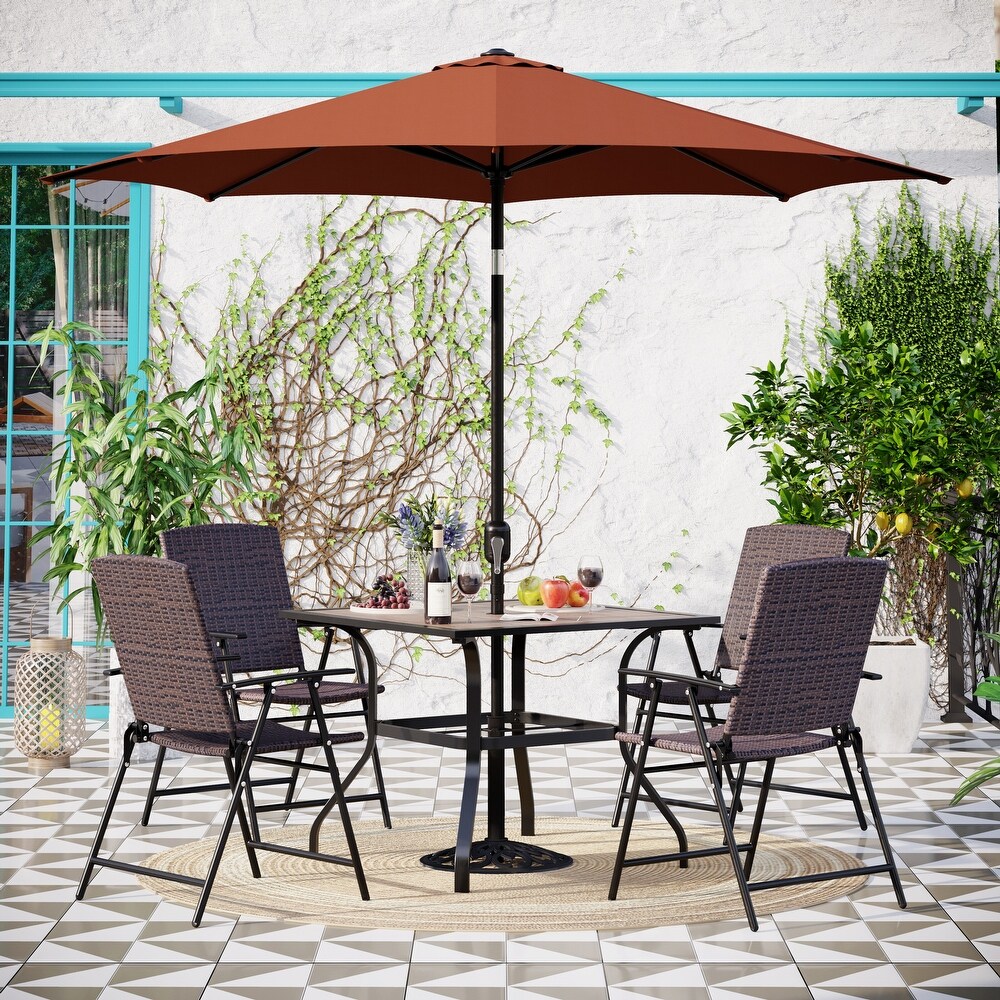 PHI VILLA 3/5 Piece Patio Rattan Folding Dining Set with 9ft Umbrella