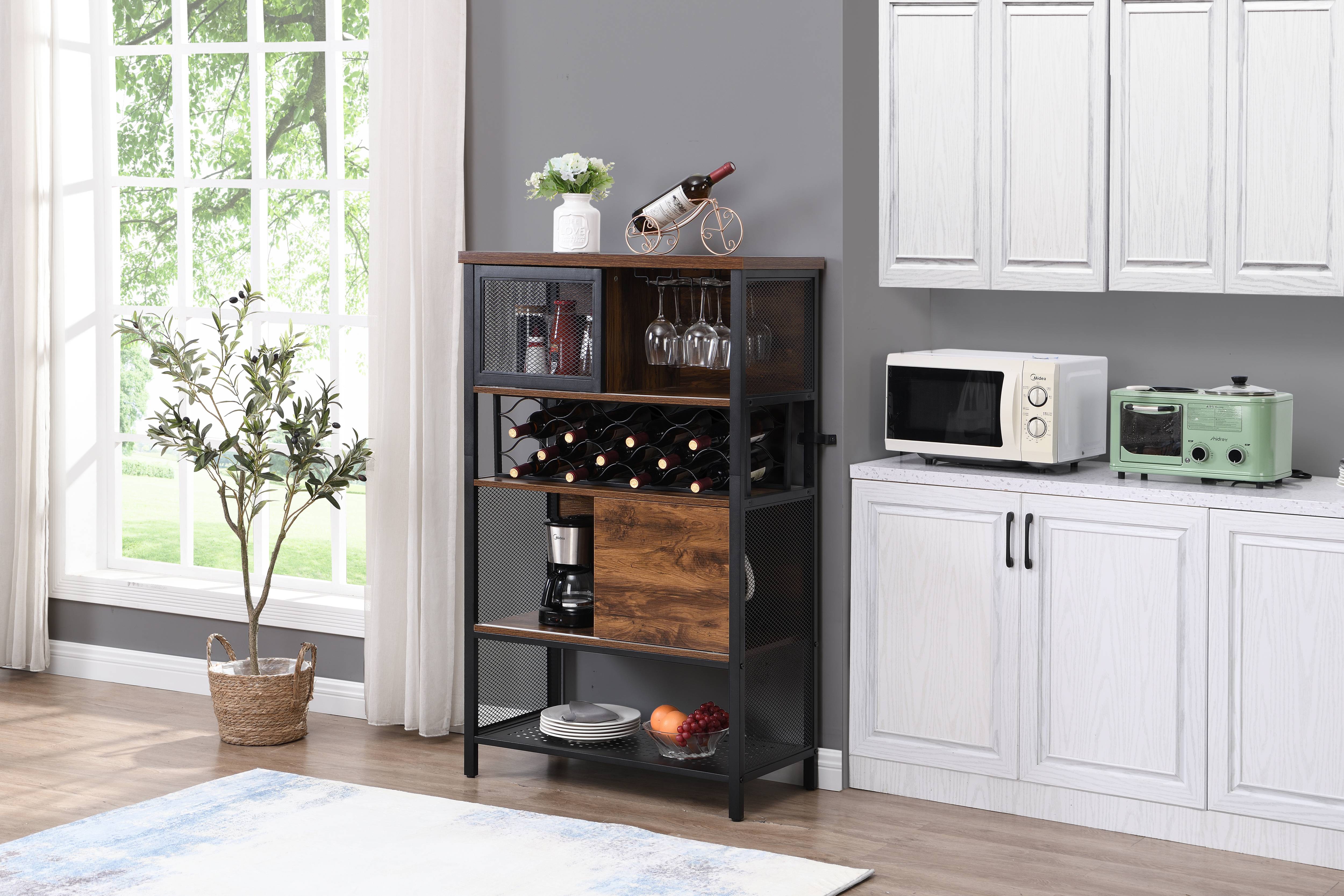 Brown Kitchen Storage Cabinet， Industrial Bar Cabinet with Wine Rack for Liquor and Glasses， 5-Tier Sideboard Buffet for Kitchen Dining Room with Sliding Door and Shelves