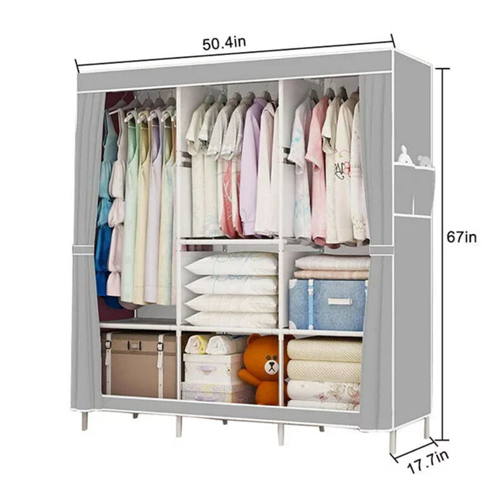 Portable Closet,ZPL Portable Wardrobe with 3 Hanging Rods and 7 Storage Shelves, Stable and Easy Assembly Grey Portable Closets for Hanging Clothes with Side Pockets