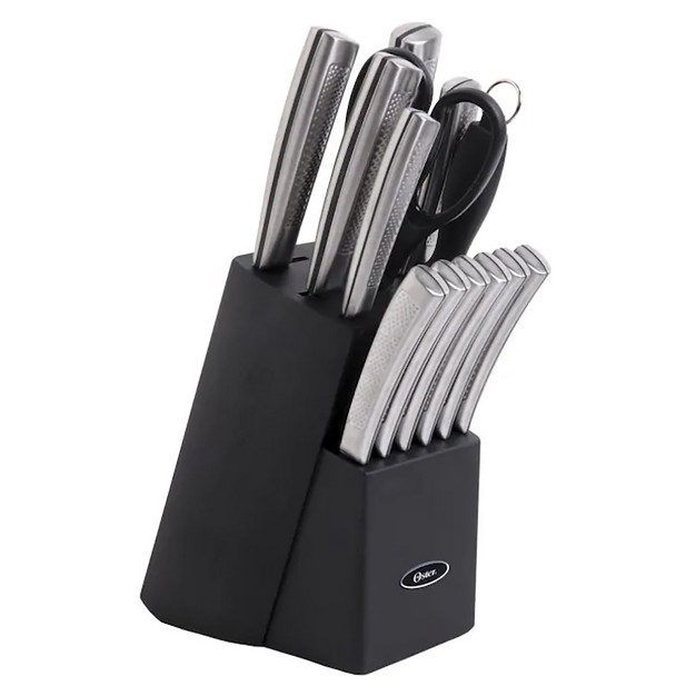 Oster Wellisford Stainless Steel Kitchen Cutlery Set With Black Wood Block Holder And Knife Sharpener For Home Chef Cooking Cutting 14 Piece silver