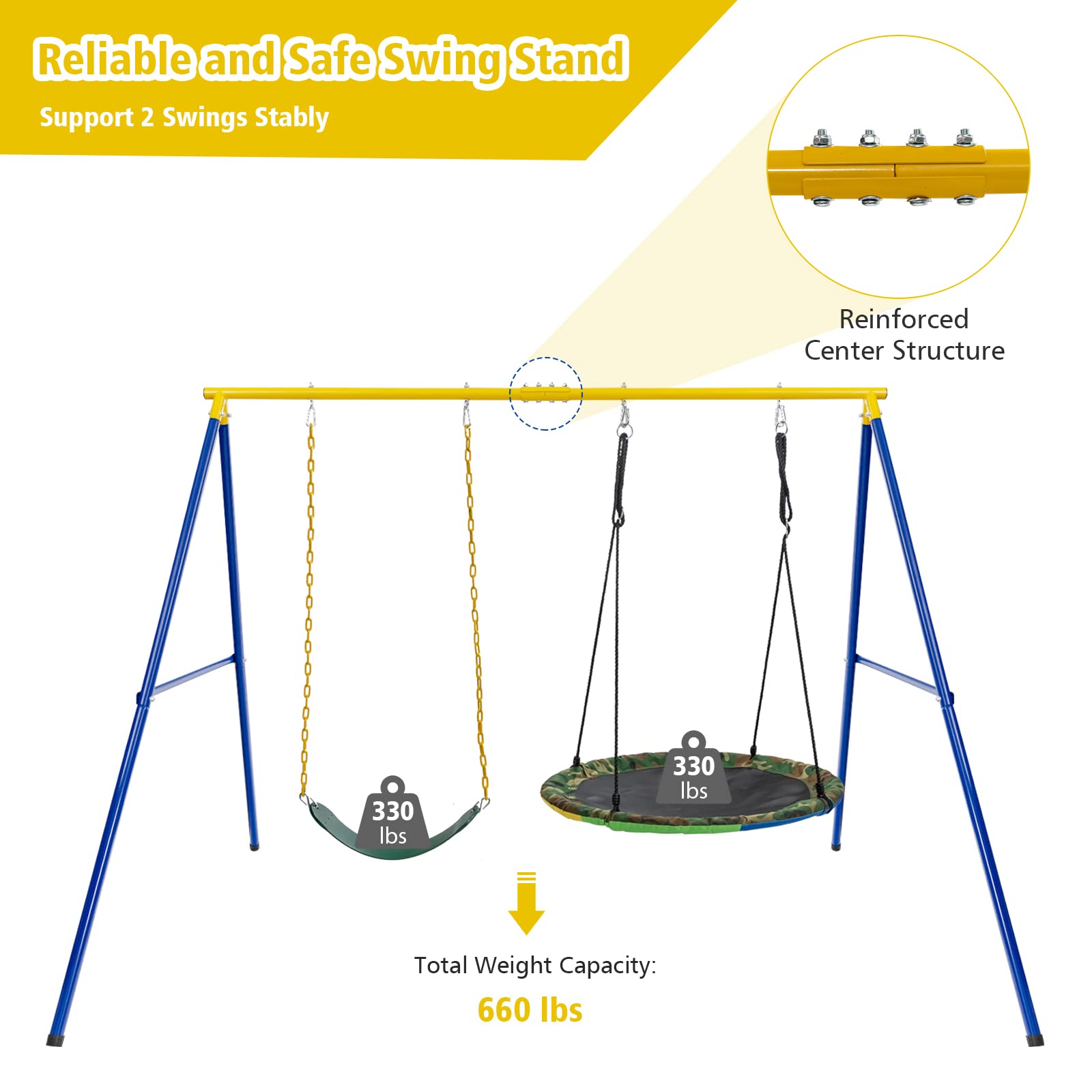 Costzon 660lbs Metal Swing Sets for Backyard, Heavy Duty Full Steel Swing Frame with 2 Swing Set