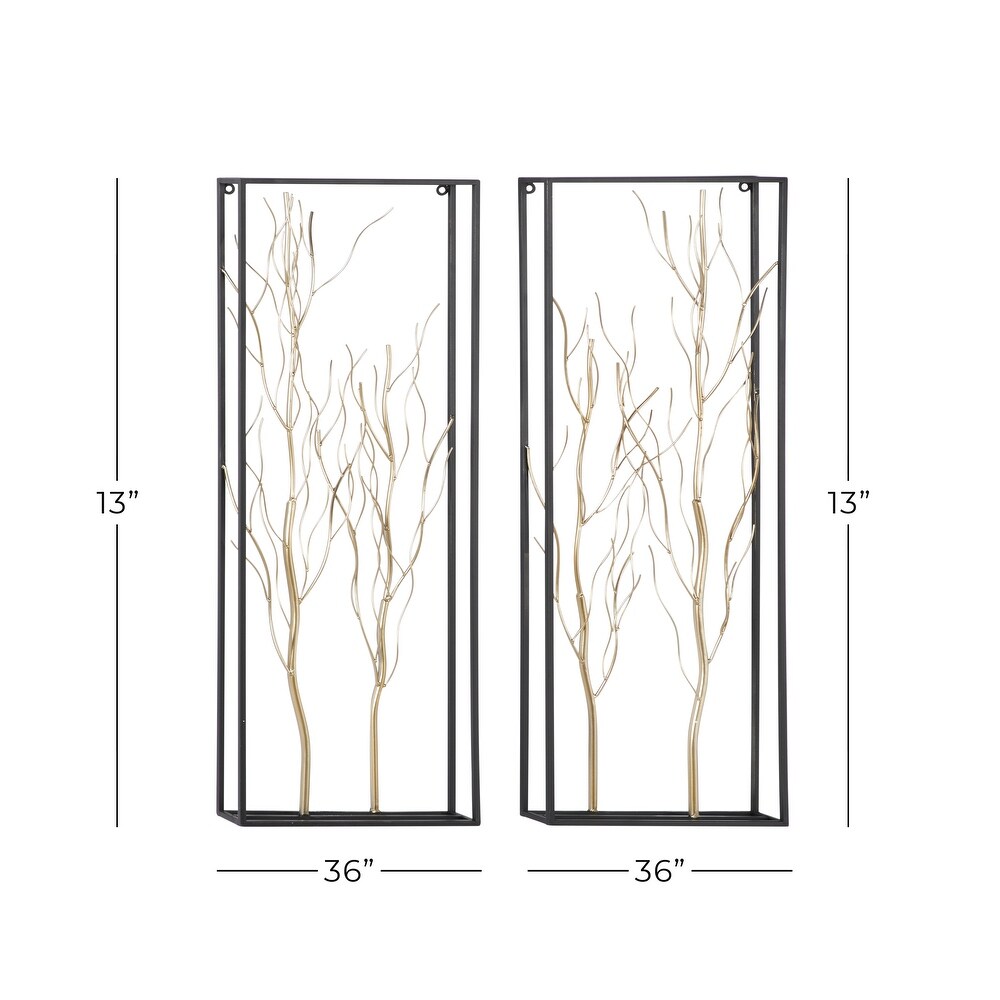 Gold Metal Branch Tree Wall Decor with Black Frame (Set of 2)