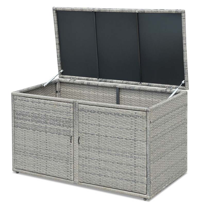 88 Gallon Patio Wicker Storage Box Rattan Deck Bench with Openable Door