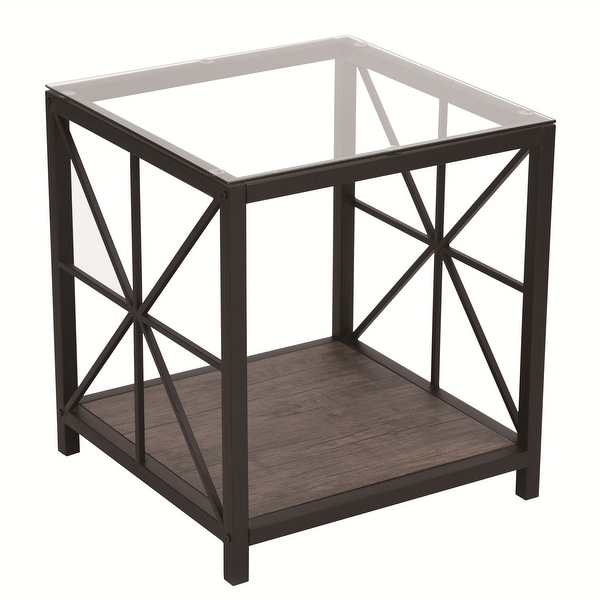 Homylin Industrial Square Side End Accent Table-Glass/Wood