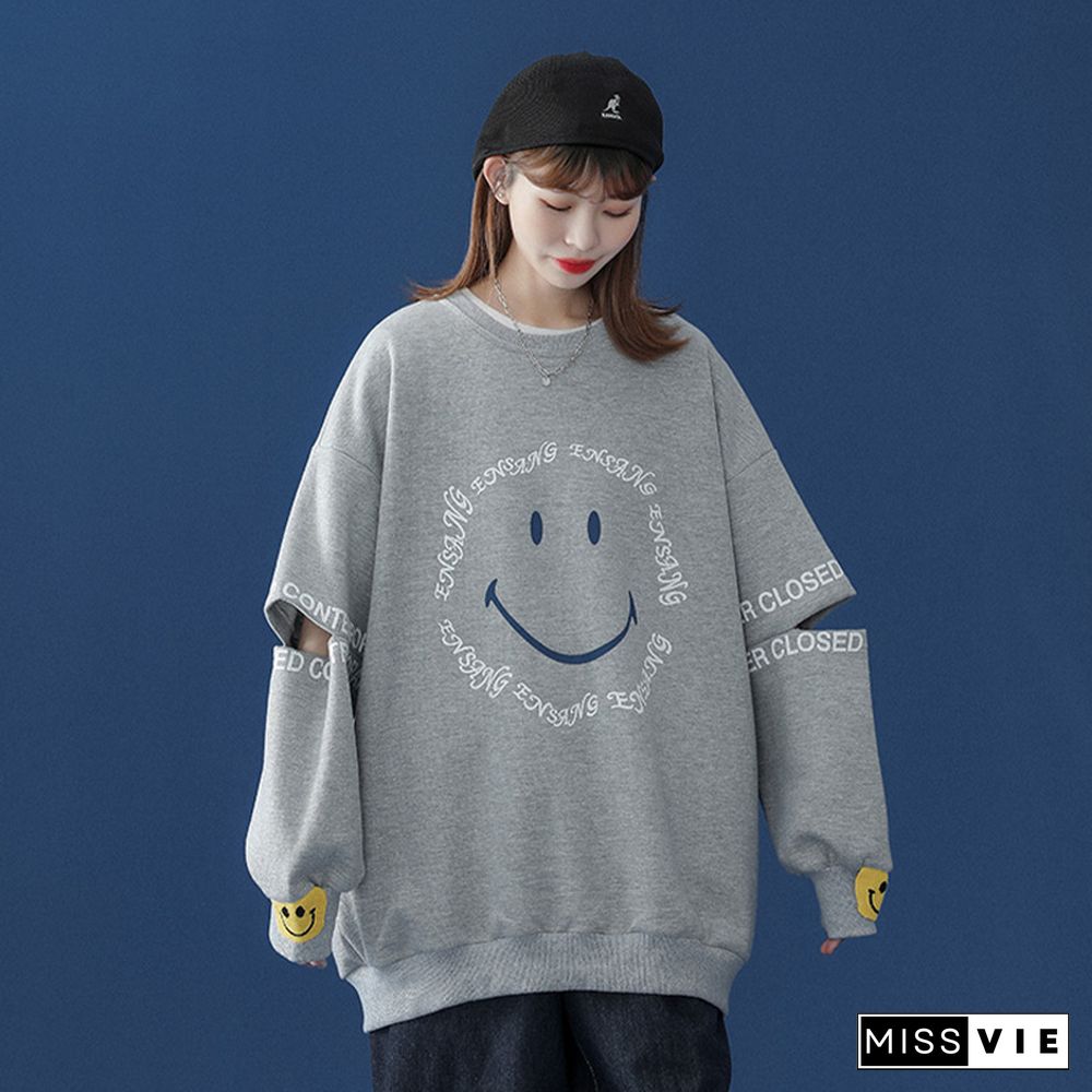 Smiley Letters Print Loose Sweatshirt