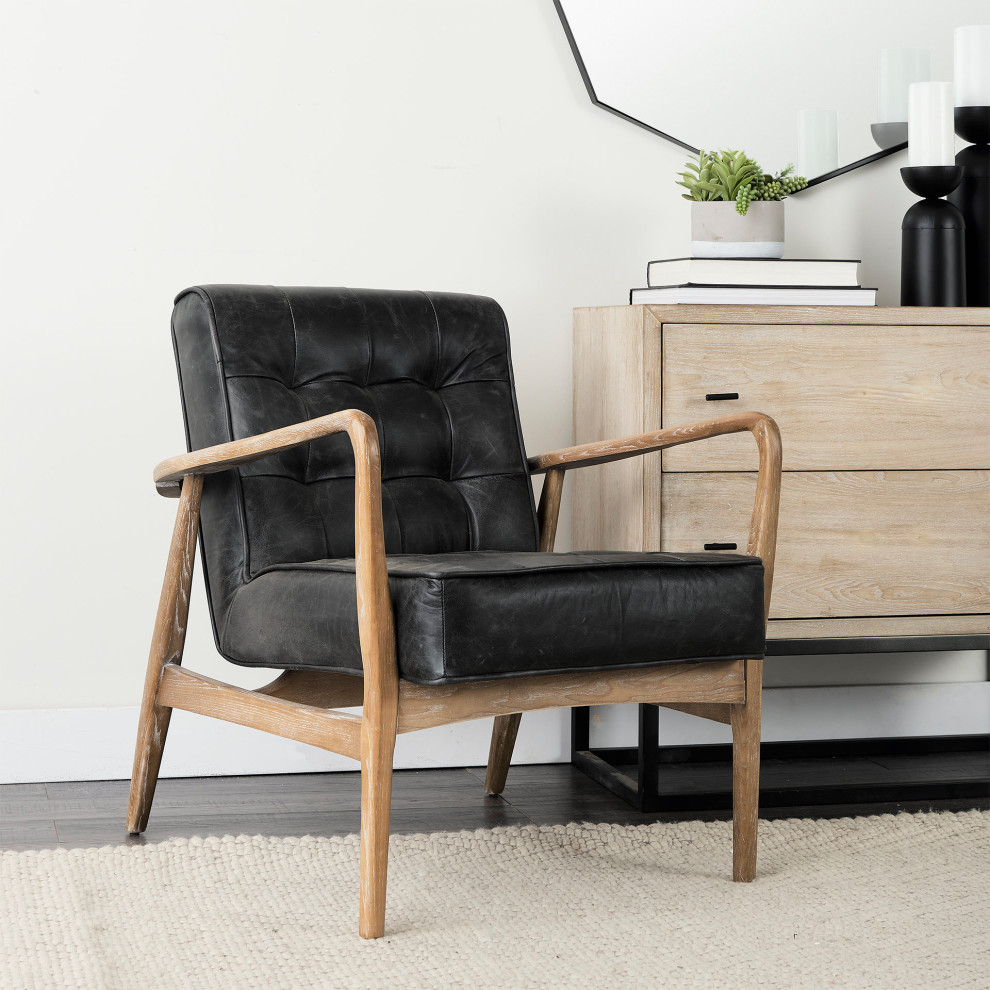 Phineas Black Genuine Leather w/ Medium Brown Solid Wood Frame Accent Chair   Midcentury   Armchairs And Accent Chairs   by Mercana  Houzz