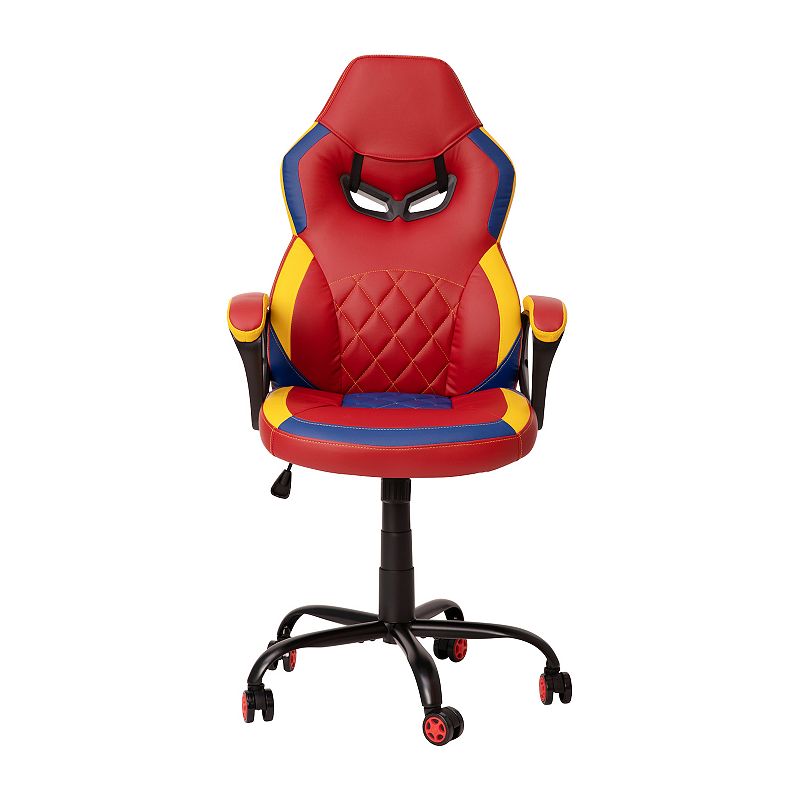 Emma and Oliver Faux Leather Ergonomic Designer Back Gamer Chair with Diamond Stitch， Lumbar Support and Padded Arms in Red， Blue and Yellow