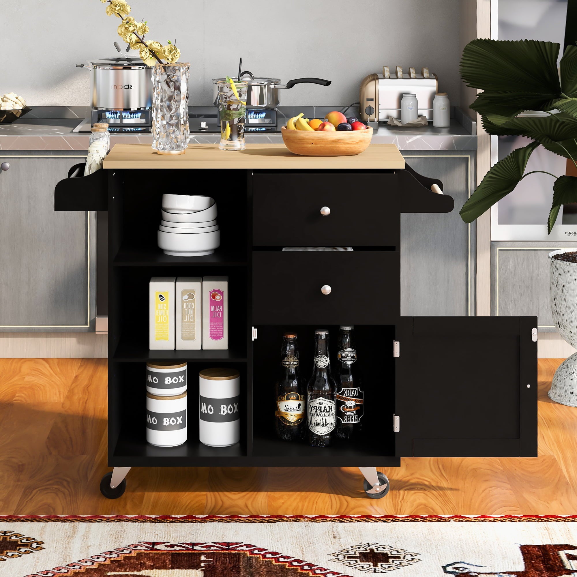 Kitchen Cart with Wheels， HSUNNS Wood Top Kitchen Island Cart with Storage Drawers|Open Shelves|Spice Rack|Towel Rack， Rolling Kitchen Cabinet Trolley Cart， Black