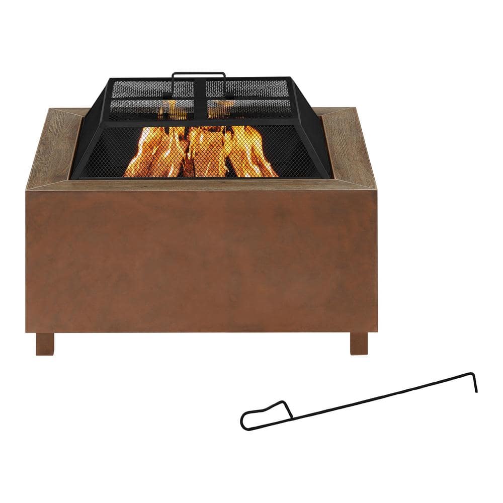 Hampton Bay Nickleby 33 in. Cube Steel Brown Low Smoke Wood Burning Fire Pit with Stainless Steel Bowl and Wood-look Tile Top 2391FP-3