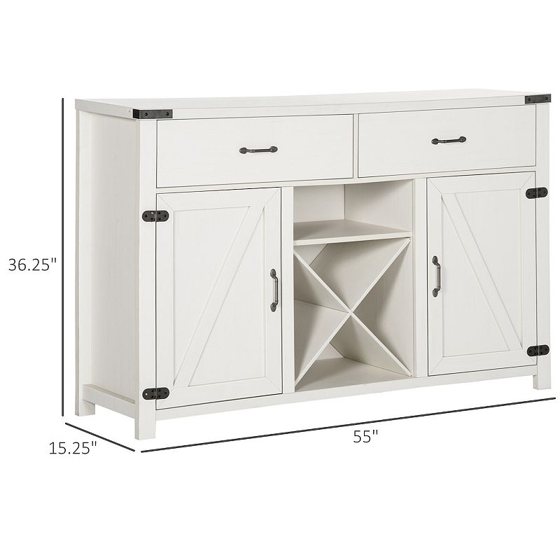 HOMCOM Wooden Farmhouse Sideboard， Storage Buffet Cabinet with 2 Large Drawers， X-Shaped Wine Rack， and Cabinets， White