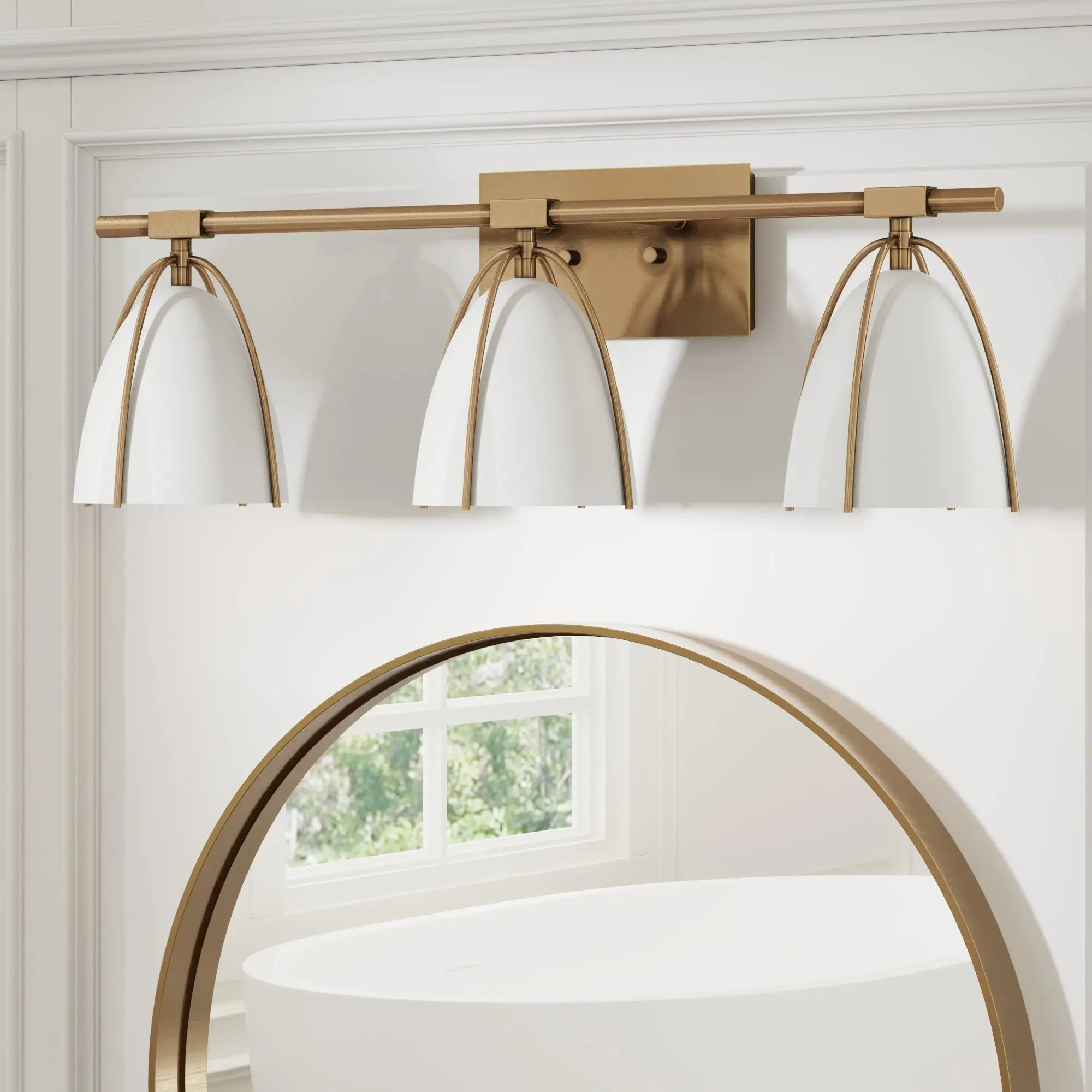 Nathan James Aubrey 3-Lights Bathroom Vanity Light Fixture with Gold Metal Frame and White Cage Shade