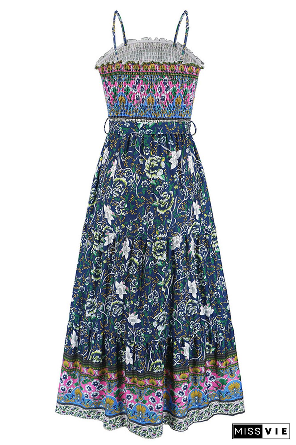 Boho Floral Print Smocked Bandeau Spaghetti Strap Maxi Dress