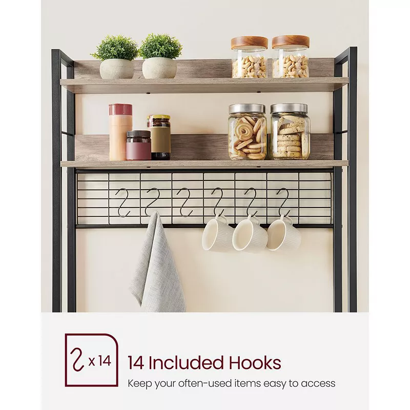 Bakers Rack With Power Outlet， Microwave Stand， Coffee Bar With Metal Wire Panel