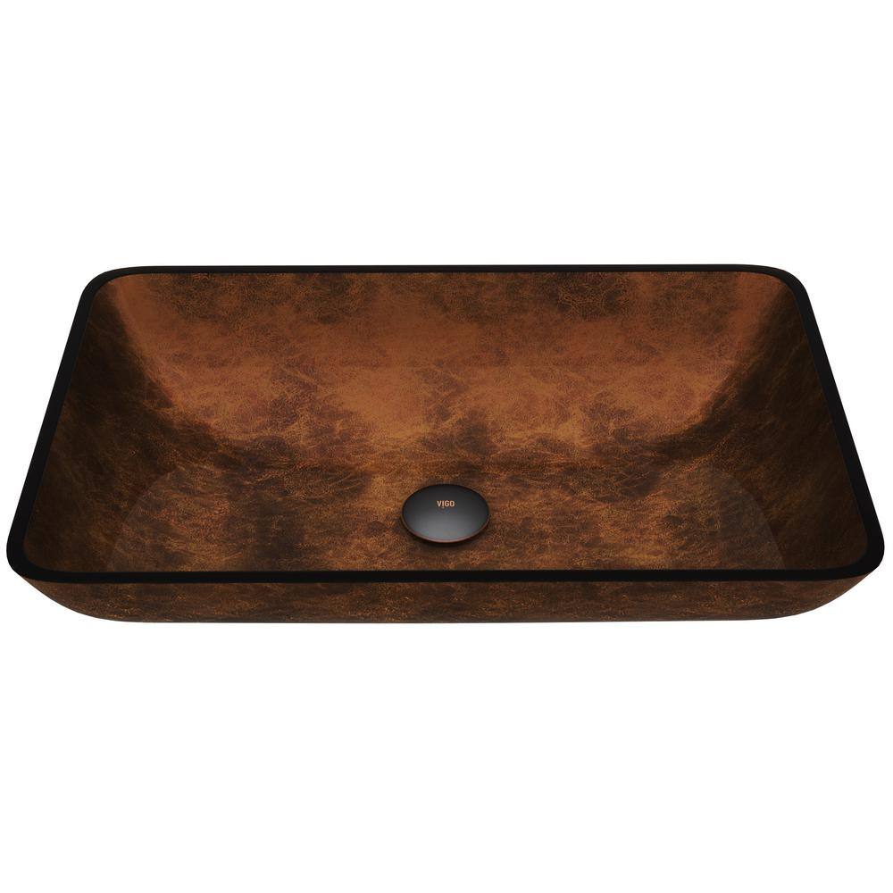 VIGO Donatello Artistic Chocolate Brown Glass 22 in. L x 15 in. W x 5 in. H Rectangular Vessel Bathroom Sink VG07047