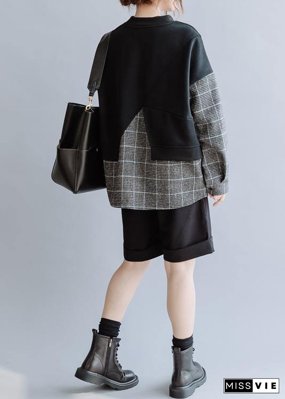 Natural black patchwork plaid Blouse o neck Knee blouses